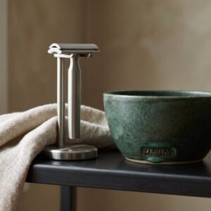 Shave Set, stand and bowl in stainless and stoneware