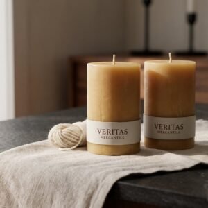 Beeswax Pillar Candles, pair in poured beeswax