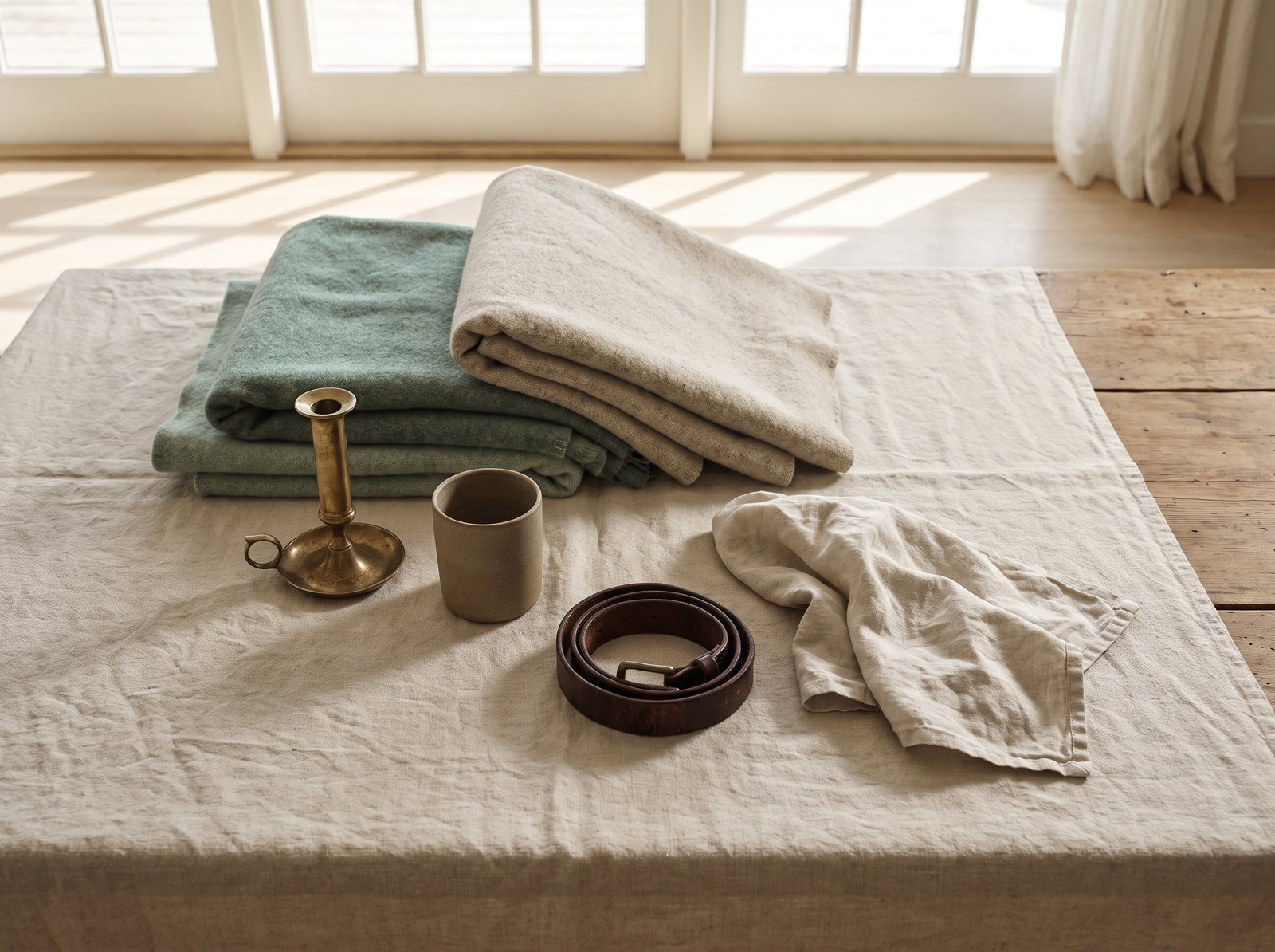 A vegetable-tanned leather belt and wallet photographed on a linen ground