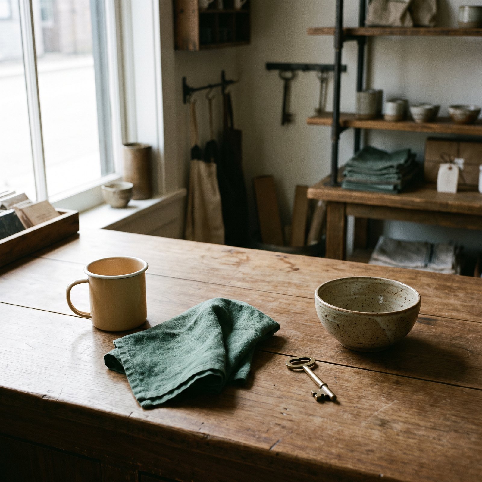 Enamelware and stoneware set out on a scrubbed timber counter
