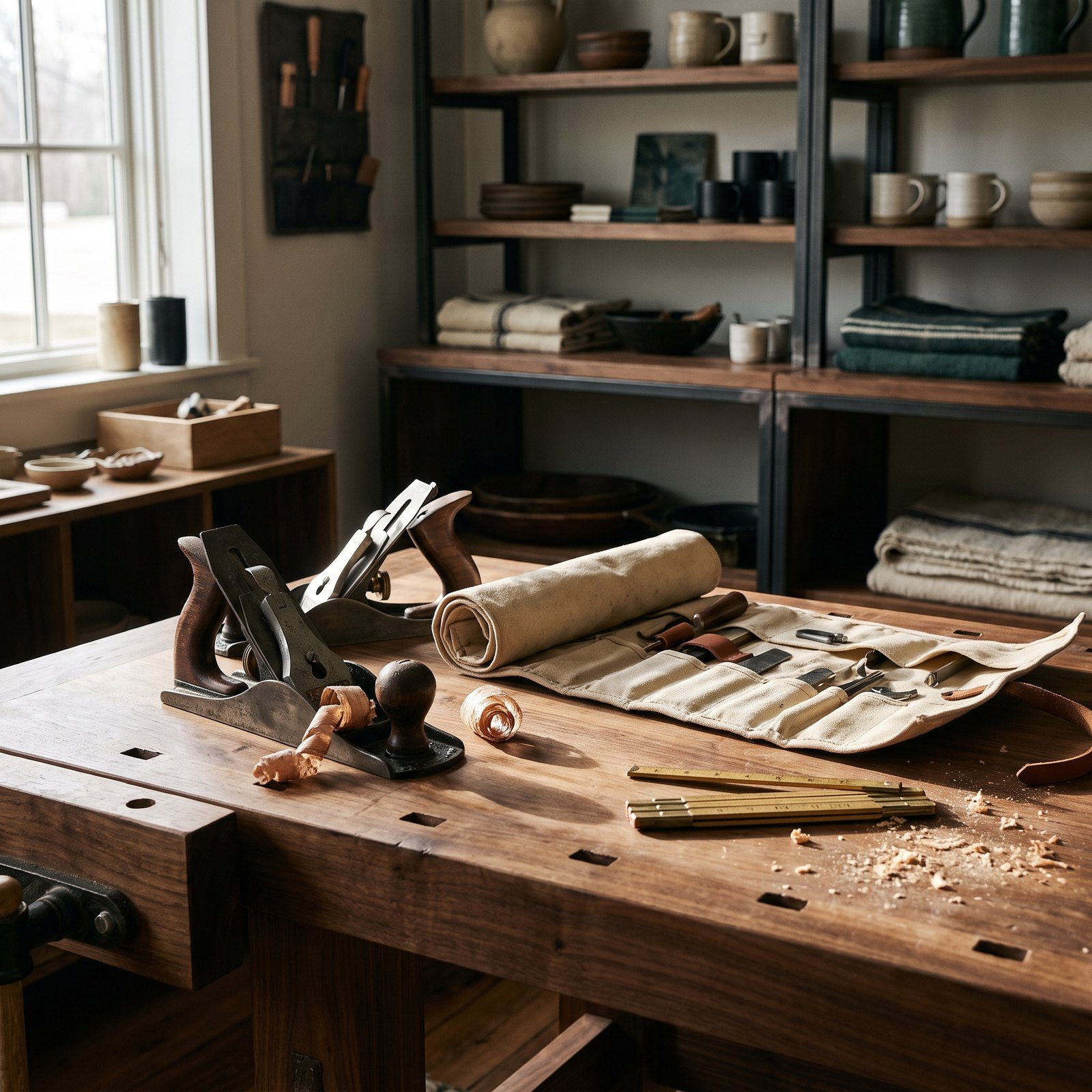 Hand tools and a canvas tool roll on a workbench