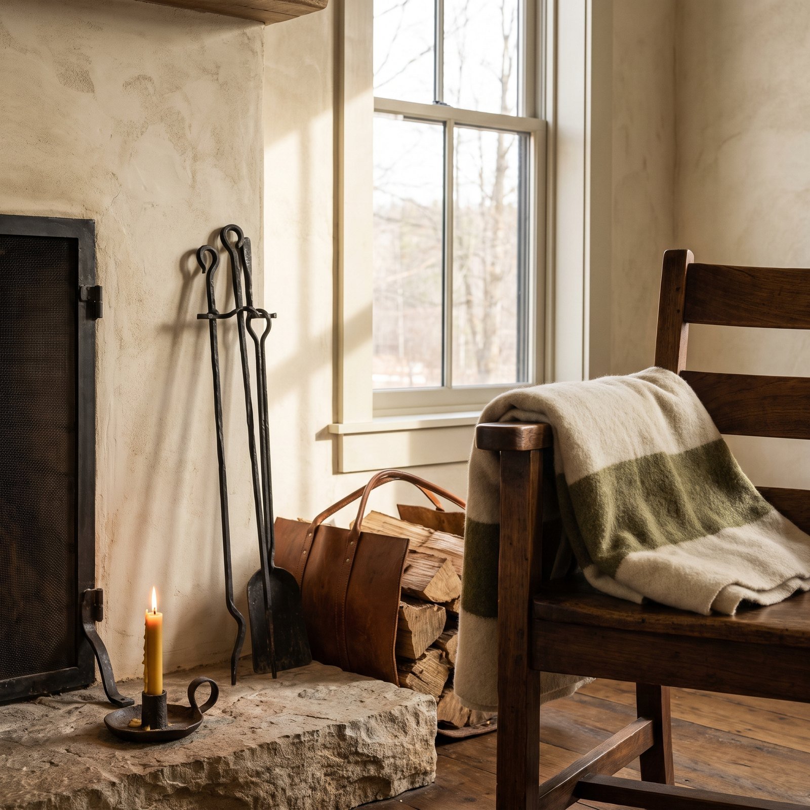 A wool throw and fireplace tools beside a lit hearth