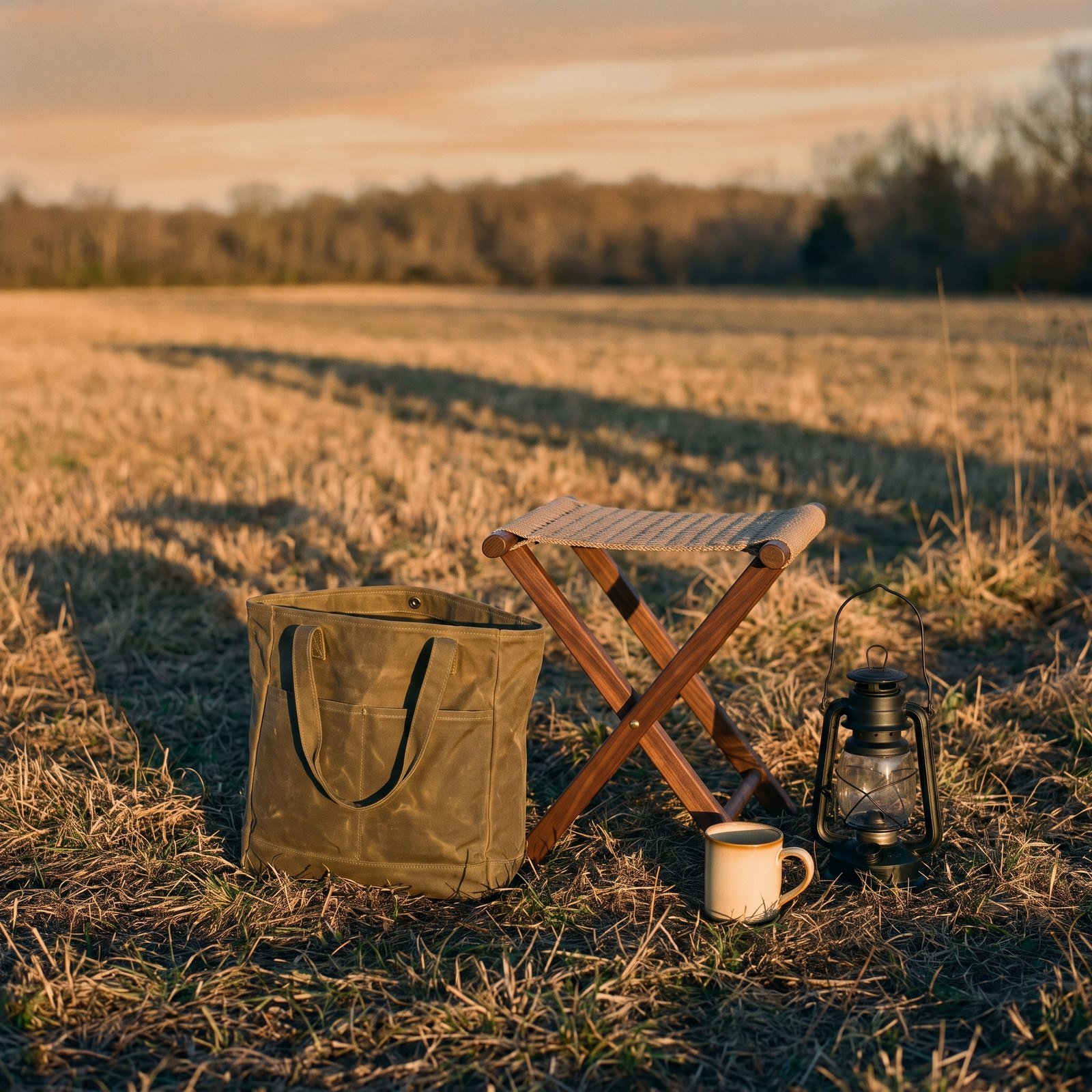 A waxed-canvas field bag and camp stool on open ground